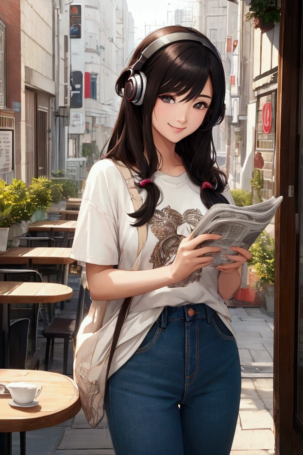 (Highest quality ),(masterpiece),(Super detailed), Ultra-high resolution, (Ultra-fine illustrations),Casual breakfast style, Jeans and T-shirt.
Smiling while holding a coffee cup and reading a newspaper at a cafe table.
A pose that expresses a calm morning atmosphere and cafe culture. , (Concept Art:Karn Griffiths ) ,Amazingly noble, Amazingly beautiful ,Absurd,3D Rendering, Octane Rendering, Approaching perfection , Very fine clothing ,Exquisitely crafted ,8 Life-size ,Thick body ,Perfect Anatomy ,Well-groomed face ,Highly detailed beautiful hair , Highly detailed hairstyles, Symmetrical and balanced, Beautiful gradation , Sharp focus, 4K resolution, aspect ratio, Centered Images, Beautiful composition, Symmetrical and balanced,Beautiful girl wearing headphones、Japanese anime style
