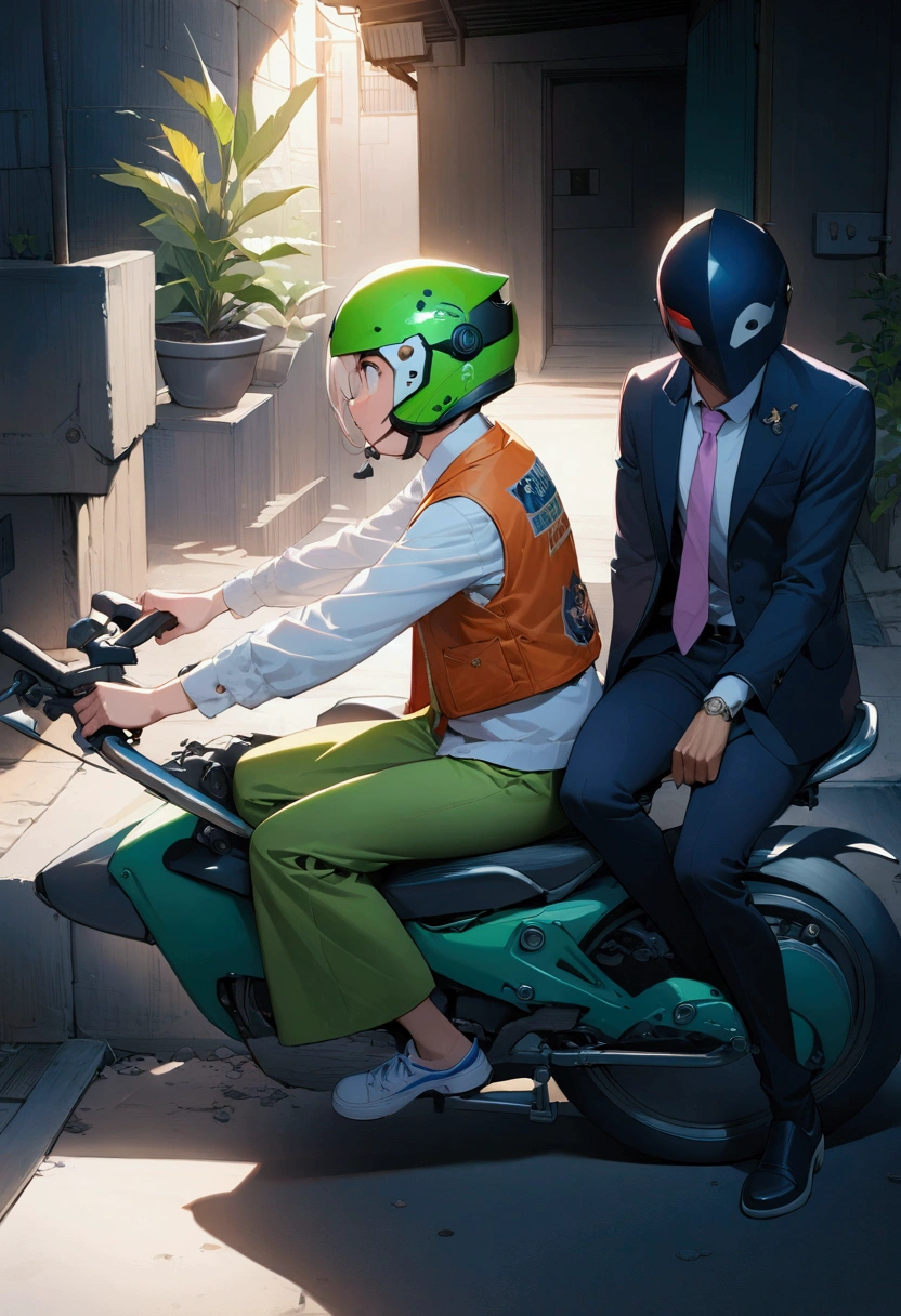 realistic anime illustration of helmet rider man is riding a lime-green motorcycle along the alley with young woman is sitting behind him, (a man wears yellow shirt, orange vest, blue trouser and white sneakers), (while woman wears navy-blue blazer, pink shirt with navy-blue necktie, navy-blue pencil skirt and black short heels), BREAK, (1boy, 1girl, full body), (masterpiece, best quality, japanese anime style), (expressive eyes, perfect face, perfect anatomy)
