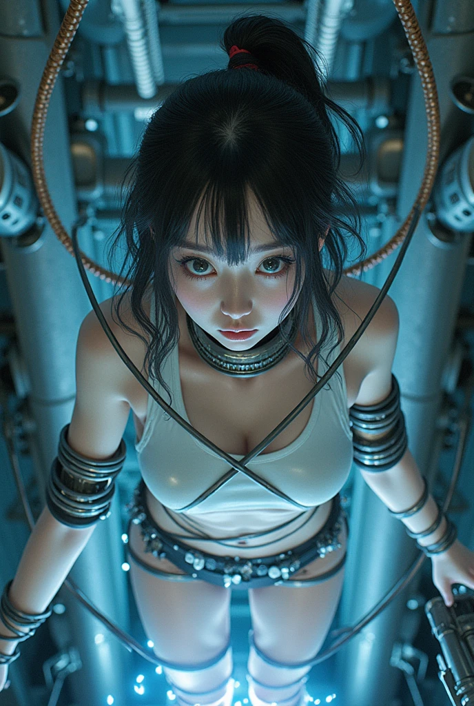 NFSW, photo-realistic, ultra-realistic, very beautiful Japanese, famous Japanese idol, 20 years old, dramatic scene, masterpiece, beautiful eyes, (Her body is fully restrained by metal bands to futuristic huge precision electro mechanical machine:1.5), (Her body was forcibly altered to become a lecherous with futuristic cyborg by using high voltage current:1), (She is very surprised and scared by the high voltage being applied to her:1.3), (the machine forced her crotch and arms widely open:1.5), (She is trying to escape but impossible to move:1.5), high voltage transformers with thick wires and high voltage insulators, 