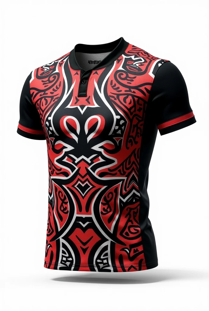 Create rugby jersey maori tribe full pattern black white red retro black collar white background front and back design side by two side