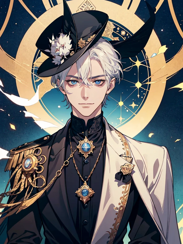 (nonsense, height, very detailed), 1 man, adult, handsome, Delicately detailed blue eyes and a detailed face., The demonic eyes stared at him., หน้ากากundercoverปกคลุมใบหน้าของเขา, night sky, lover \Tarot cards\, popular symbol, visual arts, undercover, universal, วิสัยทัศน์handsome, Philosophical, adhere to, science of numbers, popularity, art, Alphon Mucha, short white hair,top hat, smile, Calm expression