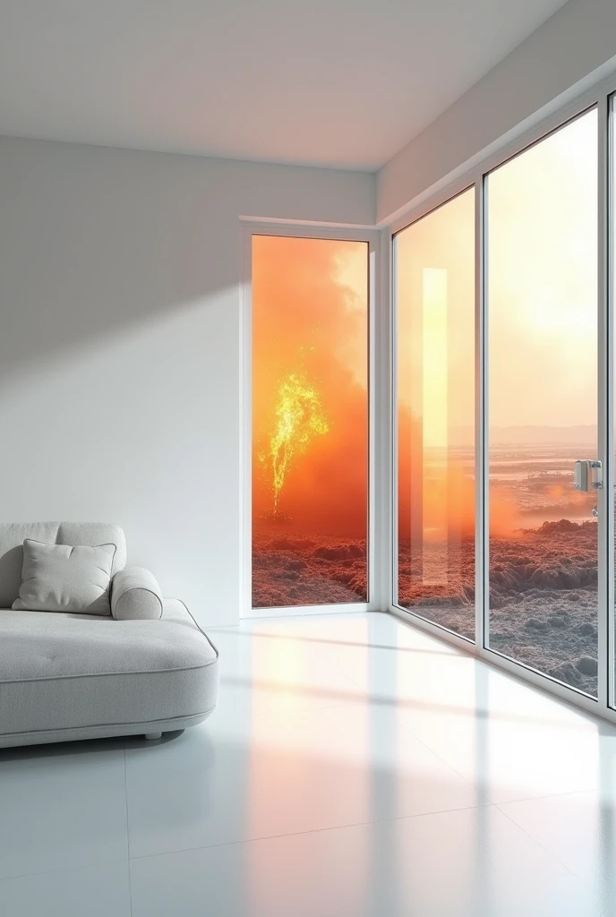 need a 9 by 9 photo where there is a white elegant living room where in the left side a plain white wall and from by the side glass windows there should be an wallpaper of warm and heaty background which shows through the glass window which shows hotness outside. but inside need to be cool like ice mountain
