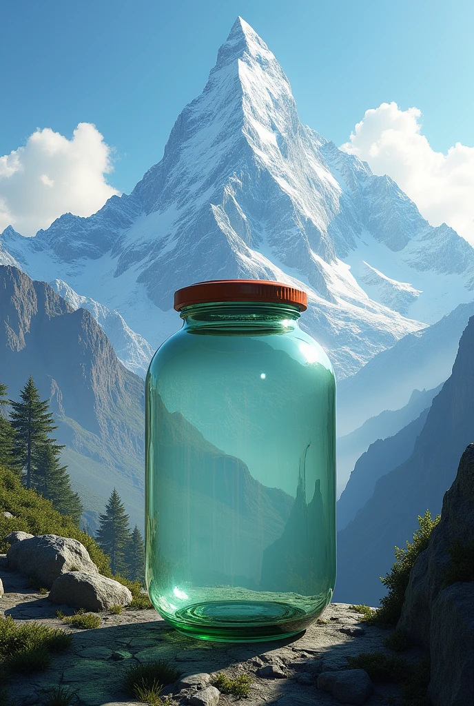 A towering Himalayan peak with a pickle jar nestled at its base