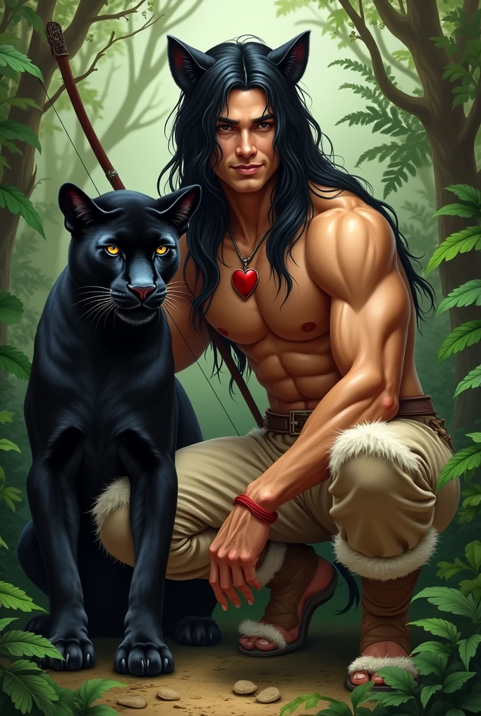 A very handsome guy with the masculine features of a young man and black straight hair down to the ground with bangs to the side. He is bare-chested and has golden-tanned skin.. He is very slim and stately.. He has a red heart pendant on his chest.. There are panther ears on the head. He is wearing beige fur pants and shoes in the shape of hooves.. Squats in a fern thicket and shoots a bow. He smiles beautifully. Next to him is a kind black panther.