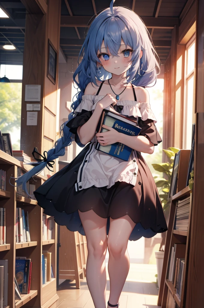 Roxymigurdia, Roxy, Ahoge, Black Ribbon, blue eyes, Blue Hair, Braiding, Hair between the eyes, Hair Ribbon, Long Hair, twin Braidings, very Long Hair, smile,blush,Open your mouth,Blue off-shoulder dress,bare clavicle,Bare neck,Bare shoulders,Rocket Pendant,Short sleeve,mini skirt,Cute heeled sandals,True Summer,Daytime,Clear skies,Walking,Bookshelf,Holding a book in both arms,whole bodyがイラストに入るように,
break looking at viewer,whole body,
break indoors,figure書館,
break (masterpiece:1.2), Highest quality, High resolution, unity 8k wallpaper, (figure:0.8), (Beautiful attention to detail:1.6), Highly detailed face, Perfect lighting, Highly detailed CG, (Perfect hands, Perfect Anatomy),