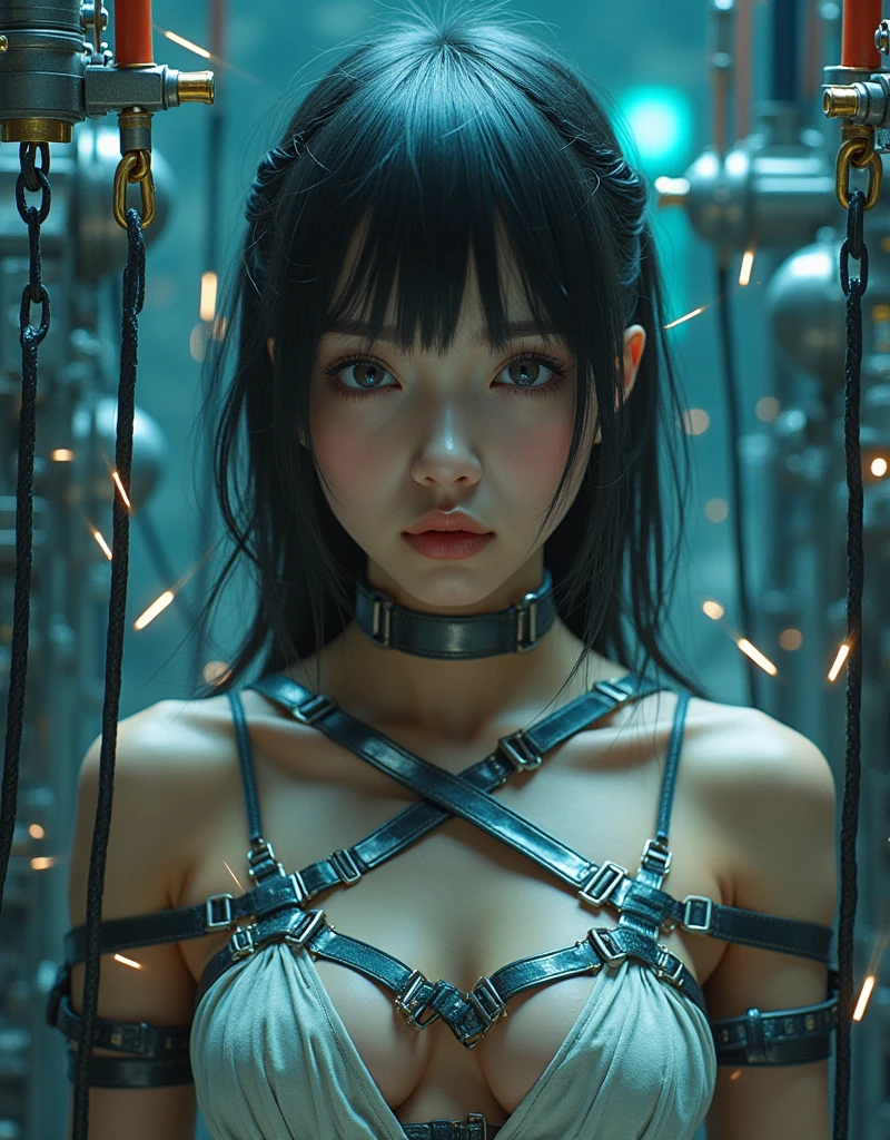 NFSW, photo-realistic, ultra-realistic, very beautiful Japanese, famous Japanese idol, 20 years old, dramatic scene, masterpiece, beautiful eyes, (Her body is fully restrained by metal bands to futuristic huge precision electro mechanical machine:1.5), (Her body was forcibly altered to become a lecherous with futuristic cyborg by using high voltage current:1), (She is very surprised and scared by the high voltage being applied to her:1.3), (the machine forced her crotch and arms widely open:1.5), (She is trying to escape but impossible to move:1.5), high voltage transformers with thick wires and high voltage insulators, 