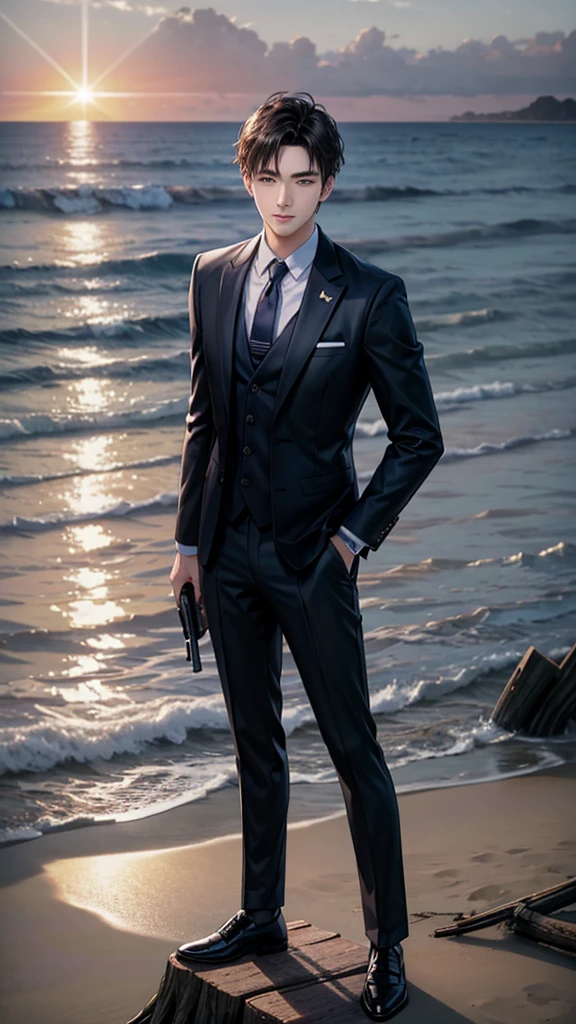 Handsome young man aged 25-30 years old, wearing a suit, standing on the beach, raising a pistol, shooting forward, the bullet flies slowly towards a soda can placed on a tree stump. Sunset, 180 degree view, realistic image, with a background of the evening sea with sparkling light.