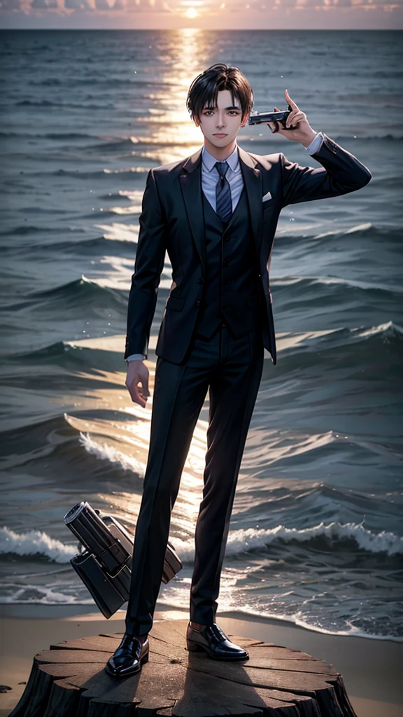 Handsome young man aged 25-30 years old, wearing a suit, standing on the beach, raising a pistol, shooting forward, the bullet flies slowly towards a soda can placed on a tree stump. Sunset, 180 degree view, realistic image, with a background of the evening sea with sparkling light.