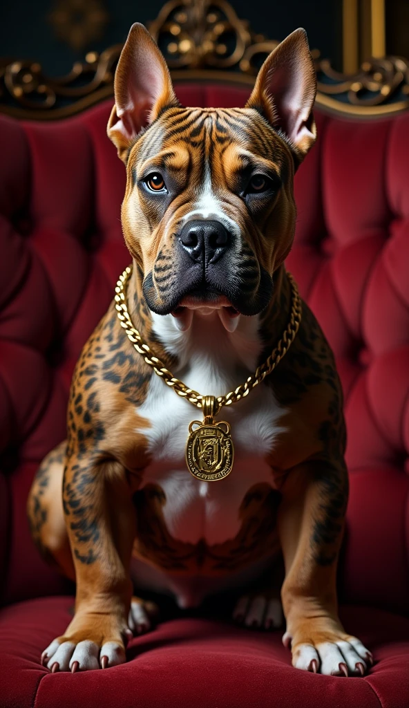 "Generate an eye-catching logo for an exotic American Bully breeder, micro size. The dog must be muscular, not very dark chocolate color tri exotic , with short snout, well-marked forehead and cropped ears like a pitbull. The body should resemble that of an English bulldog., but with extra defined muscles. The logo should include gold chains for a luxurious touch.. The name of the breeder is &#39;7K Bulls&#39; and must be written prominently in a stylish font. The predominant colors should be gold and rich tones that stand out."