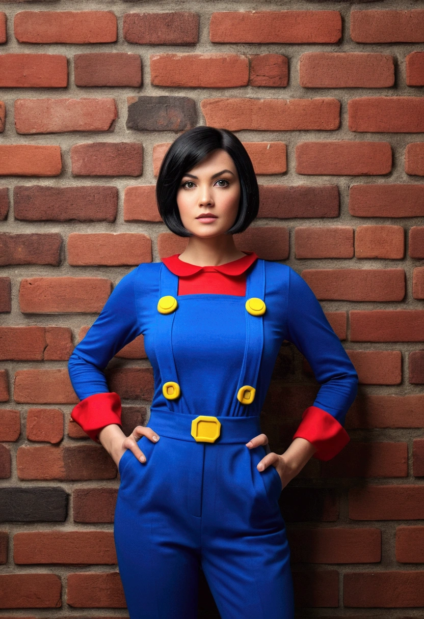 A realistic photo of a woman with short black hair with a middle part dressed as Super Mario, brick block background