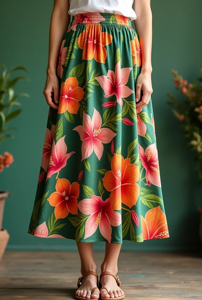 Tropical Floral Midi Skirt : Midi cut with length up to mid-calf.
print: Large tropical flowers in shades of green, rosa e laranja.
Sewing: High waist with invisible side zipper closure and subtle pleats for volume. farm style