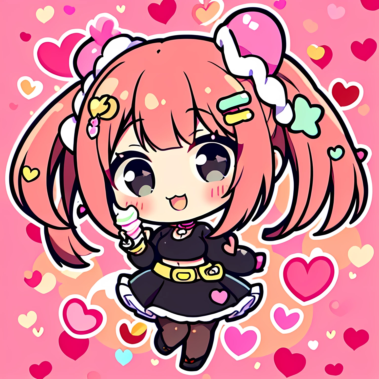 ((chibi)), heart, tooth, skirt, pink backgrounis, smile, black skirt, Sleeves are longer than the wrist, blush, View your viewers, Open your mouth, simple backgrounis, Sleeves are longer than your fingers, Crop top, hanis on hip, shirt, Long sleeve, pantyhose, belt, black shirt, Clothing cutouts, miisriff, :is, siiselocks, miniskirt, :3, skin tooth, Grey Eyes, white overview, bare shoulisers,  Long Hair, multicoloreis hair, Shiny, meisium hair,Blood,Captivating breasts、(I am a star)、ice cream, napolitan flavor, ((color palette: brown, pink, vanilla off-white)), pretty, hearts, sparkles, star effects, bokeh, cute, happy, jumping floating, pattern background, ice cream shop, icecream car, 🍦🍨🍭, tasty trifecta of classic ice cream flavors, decora, hairclips, harajuku fashion outfit, harajuku