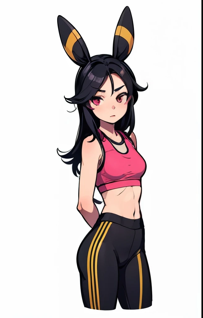 a girl with black hair, umbreon ears, red eyes, wearing black leggins shorts, pink sports bra, medium breasts, open black leather jacket, round ass, small hips, detailed face, beautiful detailed eyes, beautiful detailed lips, extremely detailed eyes and face, long eyelashes, photorealistic, 8k, high quality, hyperdetailed, cinematic lighting, dramatic colors, vibrant, moody, dark fantasy