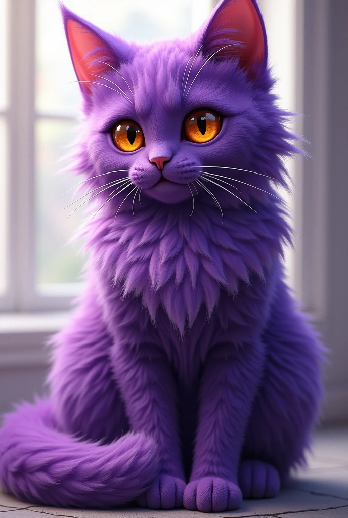 Purple cat with orange eyes and realistic fluffy fur