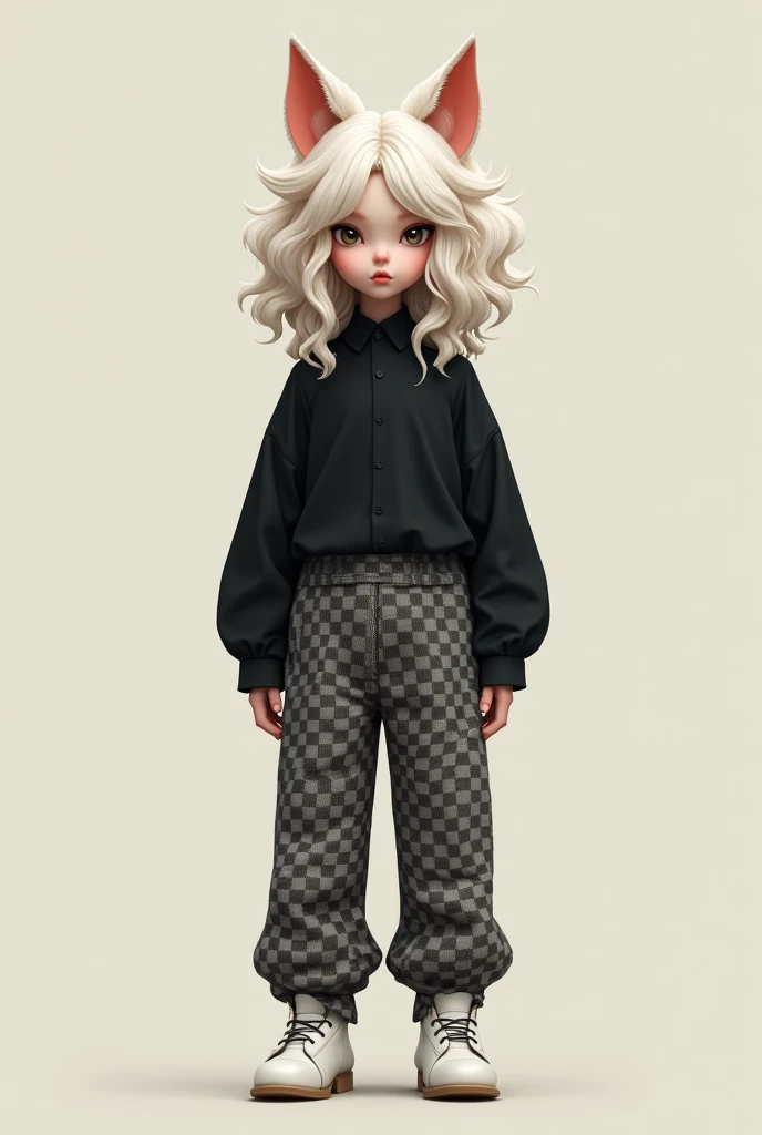 white wavy hair, black and gray checkered pants, cat ears, black shirt, white shoes