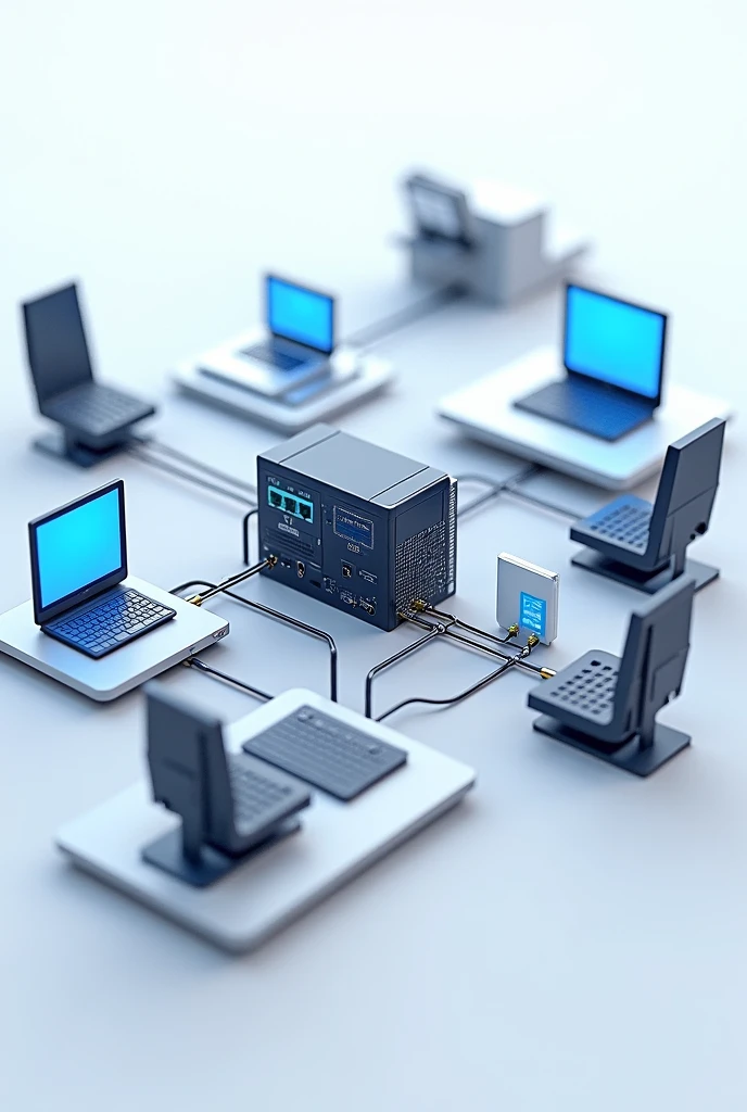 Can you create  this illustration diagram using 3 dimensional model 
5 client computers 
1 main server
1 switch 
1 wireless router connected to the switch 
1 modem connected to the router
1 printer connected to the server.
