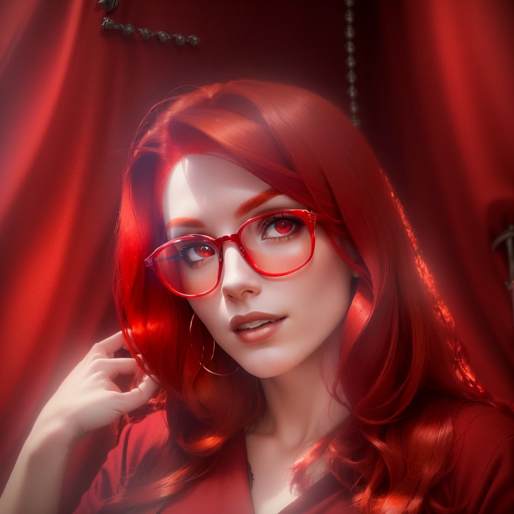 arafed woman with red hair and glasses looking at the camera, red dyed hair, crimson red hair and red eyes, bright red hair, strong red hue, with red hair, vibrant red hair, wearing red tainted glasses, red glowing hair, with few fire red highlights, with long red hair, red hair, red wig, glowing red, headshot profile picture