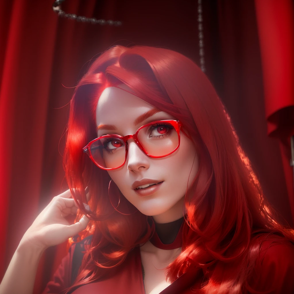 arafed woman with red hair and glasses looking at the camera, red dyed hair, crimson red hair and red eyes, bright red hair, strong red hue, with red hair, vibrant red hair, wearing red tainted glasses, red glowing hair, with few fire red highlights, with long red hair, red hair, red wig, glowing red, headshot profile picture
