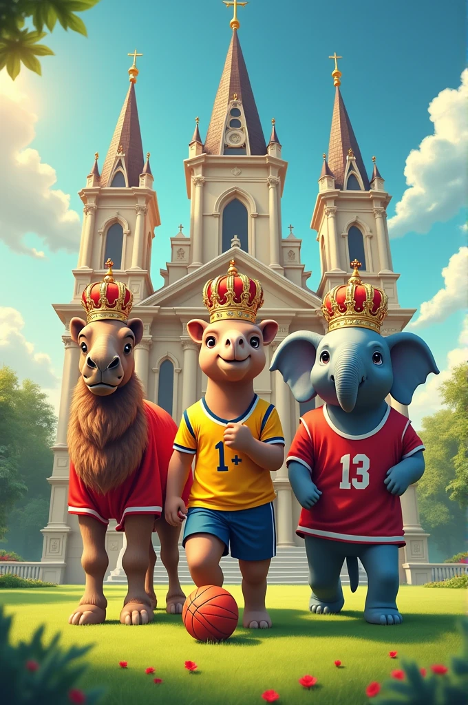 Poster of three animals with crowns in front of a church, with green grass, a horse in a volleyball uniform, a camel in a football uniform and an elephant in a basketball uniform, playing 