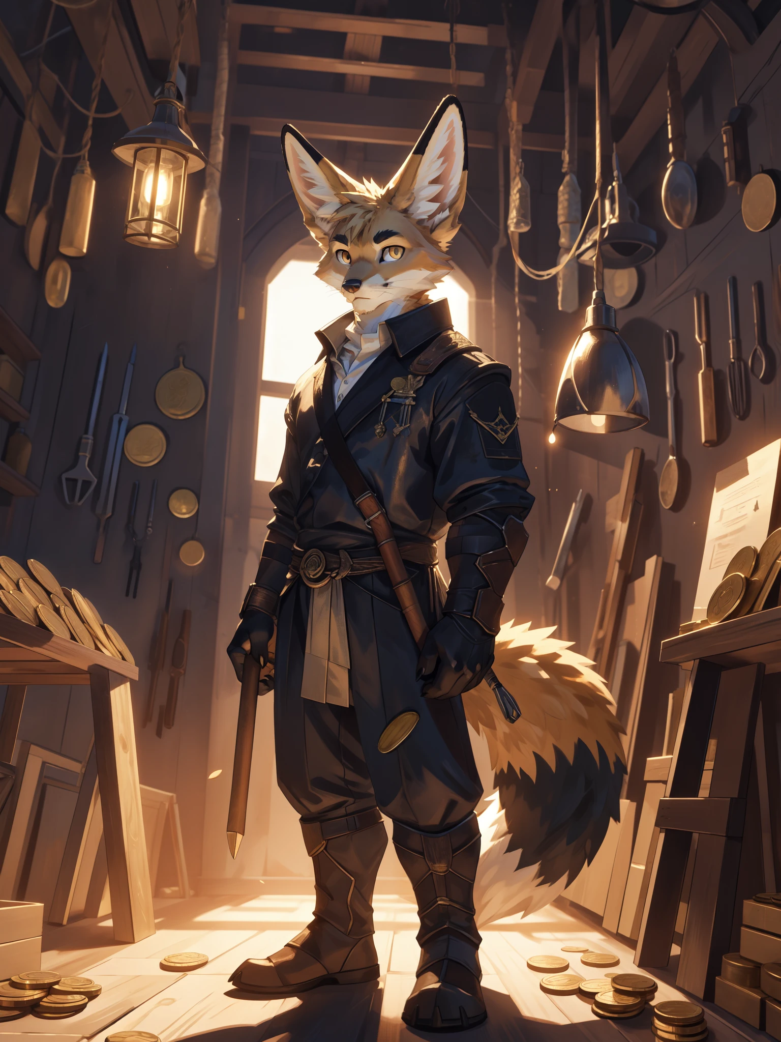 solo, anthro, furry, furry male, Fennec Fox, ((sleek fur, furry body)), (Fennec fox pattern), slender body, narrow shoulders, furry tail, golden eyes, (tan body), fox tail, standing still, messing with coins, standard tinkers clothes, artificer like clothes, wrenches and tools on hip, facing viewer, Detailed eyes, Detailed face, Detailed character, masterpiece, HD, 8k, workshop with traps hanging, heavy shadows, dynamic lighting,