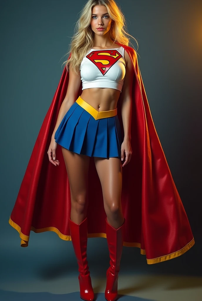 full view of A SEXY TEENAGE FEMALE WITH DARK BLUE EYES AND MEDIUM MESSY GOLDEN BLONDE HAIR WEARING A CLASSIC WHITE SUPERGIRL LONG SLEEVED CROP TOP COSTUME, A SHORT BLUE PLEATED SKIRT WITH A YELLOW SUPERGIRL BELT, RED HIGH HEELED SUPERGIRL BOOTS, AND SHORT RED SUPERGIRL CAPE WITH YELLOW TRIM. large bimbo milf breasts, incredibly detailed skin and eyes, seductive poses, 8K resolution, masterpiece, ultra-detailed, realistic, photo-realistic, vivid colors, dramatic lighting,