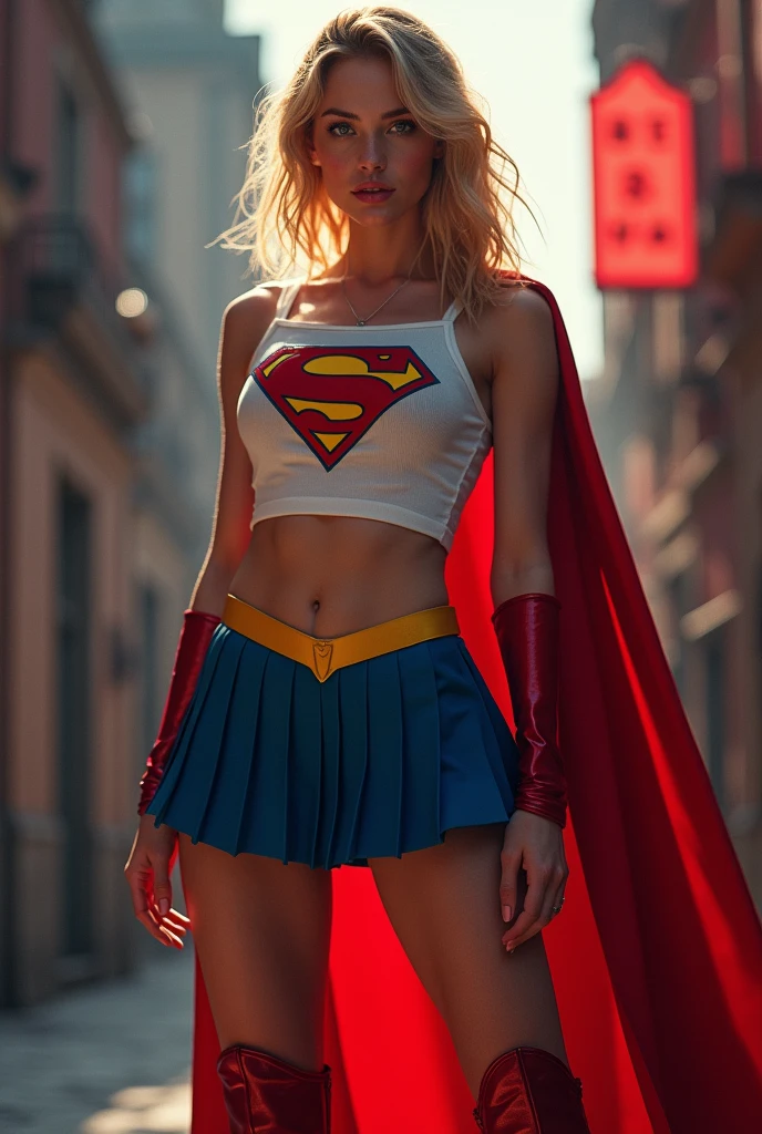 full view of A SEXY TEENAGE FEMALE WITH DARK BLUE EYES AND MEDIUM MESSY GOLDEN BLONDE HAIR WEARING A CLASSIC WHITE SUPERGIRL LONG SLEEVED CROP TOP COSTUME, A SHORT BLUE PLEATED SKIRT WITH A YELLOW SUPERGIRL BELT, RED HIGH HEELED SUPERGIRL BOOTS, AND SHORT RED SUPERGIRL CAPE WITH YELLOW TRIM. large bimbo milf breasts, incredibly detailed skin and eyes, seductive poses, 8K resolution, masterpiece, ultra-detailed, realistic, photo-realistic, vivid colors, dramatic lighting,
