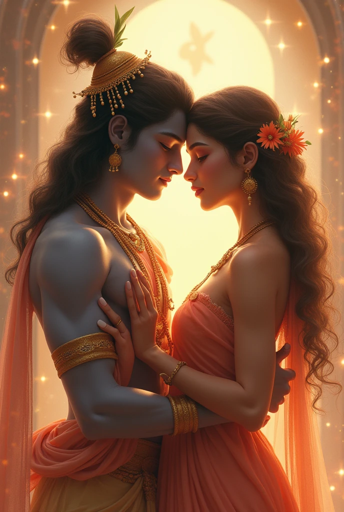 A backdrop in which 'Love is Immortal' is written and in the background is Krishna and Radha