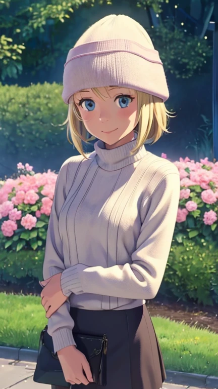 (1girl, solo, highly insanely detailed, masterpiece, top quality, best quality, highres, 4k, 8k, RAW photo),((innocent look)),((Childish)),From the front, symmetrical composition,smile,cute,Innocent,Kind eyes, kotonoha no niwa, park,flowers,lawn,trees, The Garden of Words, (edith), upper body, grey eyes, blonde hair, hat, sweaters, skirt, pantyhose, smile, 