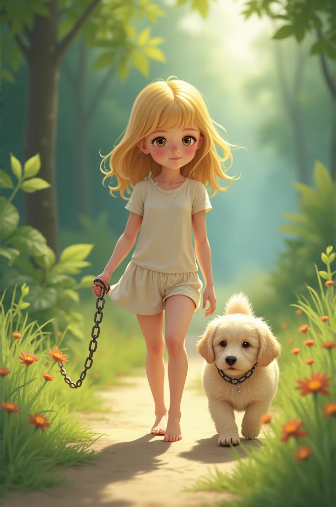 A girl takes her pet for a walk a cute blonde girl naked barefoot and on all fours with the girl takes the chain from her neck k
