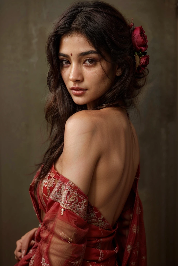 south asian facial features. girl. Should look very beautiful. pretty. Highly detailed and hyper realistic. The skin texture should be highly detailed and extremely accurate. thick black hair and brown eyes. Face must be accurate. Highly detailed face and facial features. Extremely accurate representation of face and facial features. Face should be highly detailed and hyper realistic. With rose on hair. 