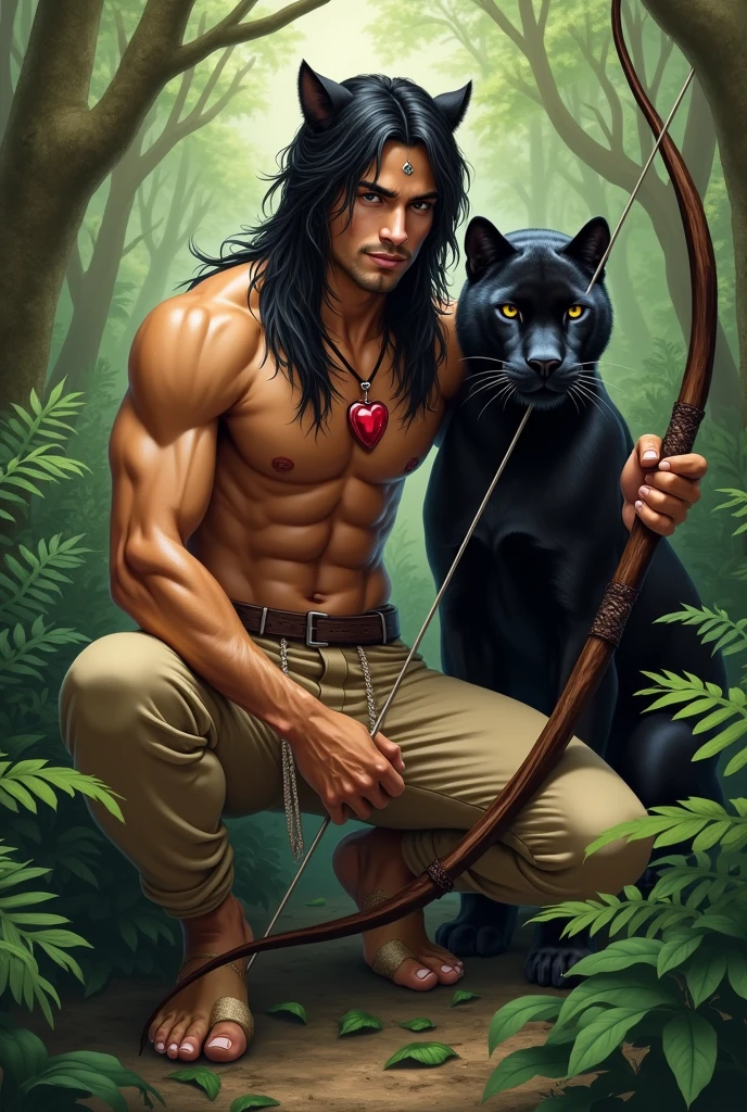 A very handsome guy with the masculine features of a young man and black straight hair down to the ground with bangs to the side. He is bare-chested and has golden-tanned skin.. He is very slim and stately.. He has a red heart pendant on his chest.. There are panther ears on the head. He is wearing beige fur pants and shoes in the shape of hooves.. Squats in a fern thicket and shoots a bow. He smiles beautifully. Next to him is a kind black panther.