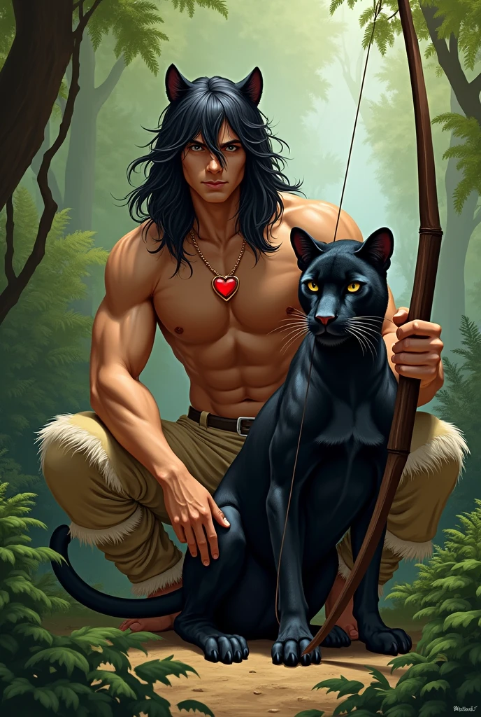 A very handsome guy with the masculine features of a young man and black straight hair down to the ground with bangs to the side. He is bare-chested and has golden-tanned skin.. He is very slim and stately.. He has a red heart pendant on his chest.. There are panther ears on the head. He is wearing beige fur pants and shoes in the shape of hooves.. Squats in a fern thicket and shoots a bow. He smiles beautifully. Next to him is a kind black panther.