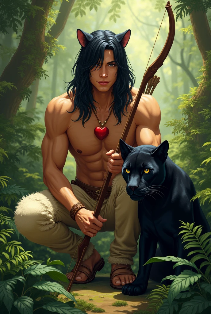 A very handsome guy with the masculine features of a young man and black straight hair down to the ground with bangs to the side. He is bare-chested and has golden-tanned skin.. He is very slim and stately.. He has a red heart pendant on his chest.. There are panther ears on the head. He is wearing beige fur pants and shoes in the shape of hooves.. Squats in a fern thicket and shoots a bow. He smiles beautifully. Next to him is a kind black panther.