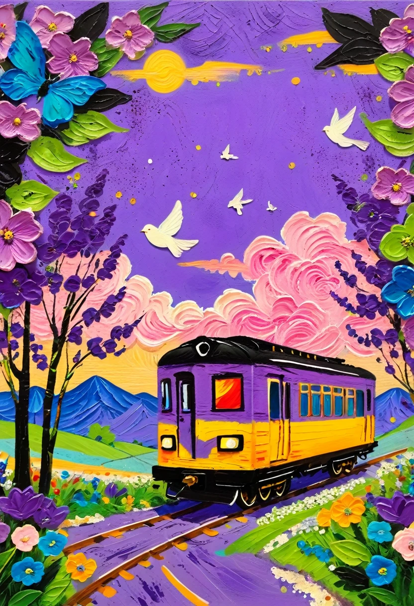 A painting:(((Colorful black,Chalk painting,Oil stick painting,flight,Thick coating,Uneven texture,Plaster texture,Graffiti)))。Colorful black,通往spring的火车, purple and, Lovely, Vibrant colors,Lovely, Lavender Color and Color Schemes, and purple color scheme, Beautiful Art, purple, Whimsical Art, and purple, Lime and Violet, Close together,, spring, Inspired by Tomokazu Matsuyama, joy