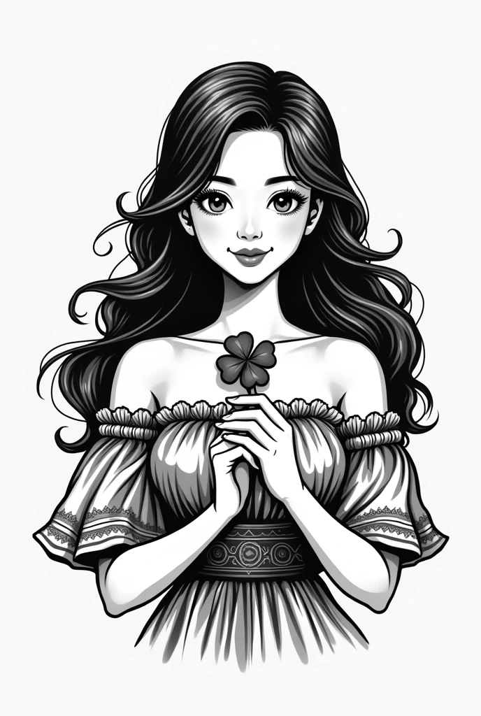 a logo where a beautiful woman wearing filipiniana is holding a 4 leaf clover while smiling and is black and white in color