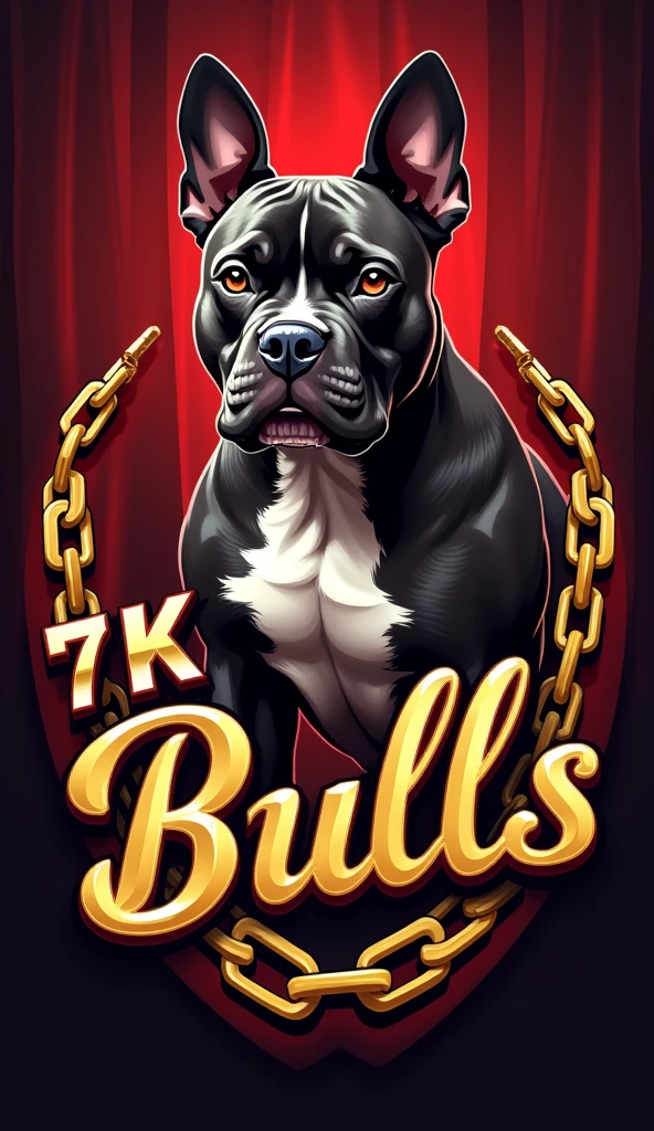"Generate an eye-catching logo for an exotic American Bully breeder, micro size. The dog must be muscular, not very dark chocolate color tri exotic , with short snout, well-marked forehead and cropped ears like a pitbull. The body should resemble that of an English bulldog., but with extra defined muscles. The logo should include gold chains for a luxurious touch.. The name of the breeder is &#39;7K Bulls&#39; and must be written prominently in a stylish font. The predominant colors should be gold and rich tones that stand out."