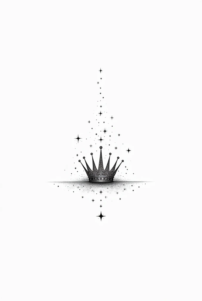 A tattoo design in black with a white background that has as its main attraction the crown of a princess with stars and flowers, minimalist not big 