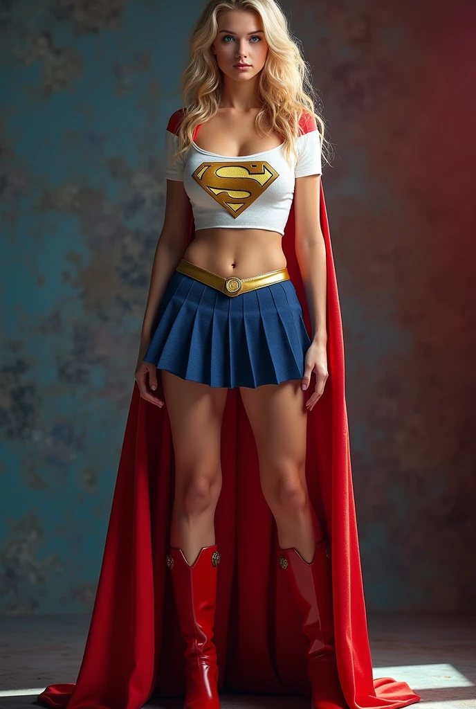 full view of A SEXY TEENAGE FEMALE WITH DARK BLUE EYES AND MEDIUM MESSY GOLDEN BLONDE HAIR WEARING A CLASSIC WHITE SUPERGIRL LONG SLEEVED CROP TOP COSTUME, A SHORT BLUE PLEATED SKIRT WITH A YELLOW SUPERGIRL BELT, RED HIGH HEELED SUPERGIRL BOOTS, AND SHORT RED SUPERGIRL CAPE WITH YELLOW TRIM. large bimbo milf breasts, incredibly detailed skin and eyes, seductive poses, 8K resolution, masterpiece, ultra-detailed, realistic, photo-realistic, vivid colors, dramatic lighting,