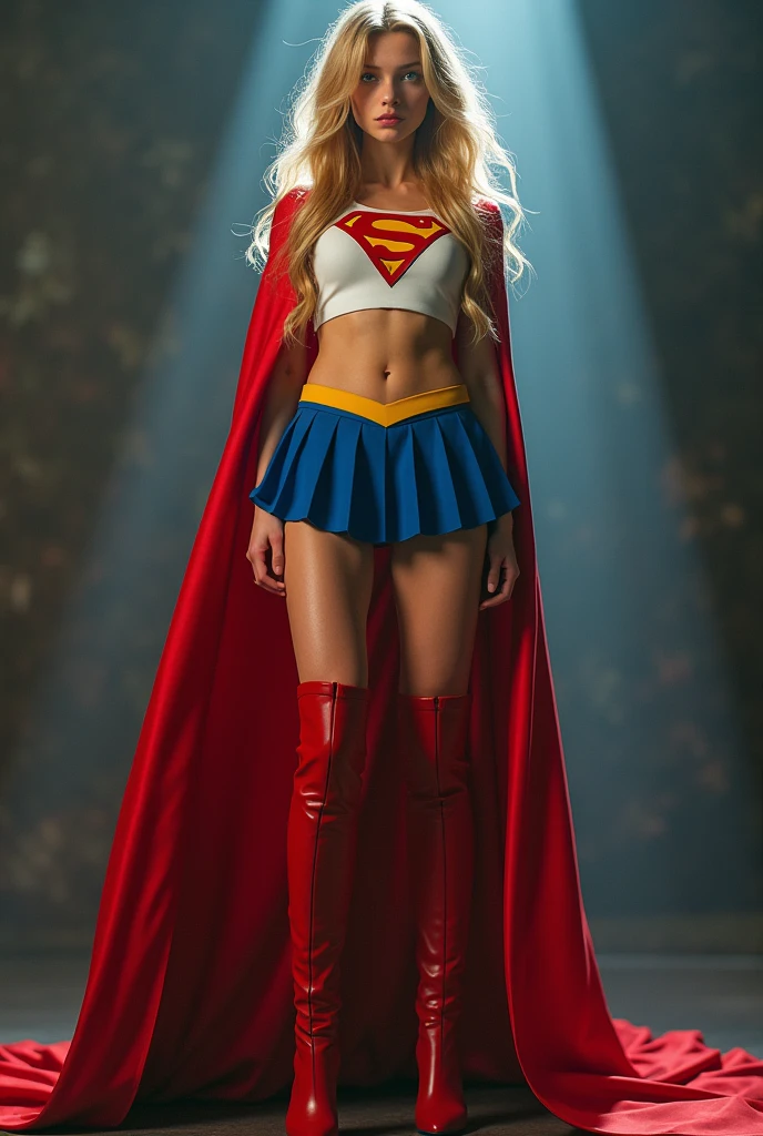 full view of A SEXY TEENAGE FEMALE WITH DARK BLUE EYES AND MEDIUM MESSY GOLDEN BLONDE HAIR WEARING A CLASSIC WHITE SUPERGIRL LONG SLEEVED CROP TOP COSTUME, A SHORT BLUE PLEATED SKIRT WITH A YELLOW SUPERGIRL BELT, RED HIGH HEELED SUPERGIRL BOOTS, AND SHORT RED SUPERGIRL CAPE WITH YELLOW TRIM. large bimbo milf breasts, incredibly detailed skin and eyes, seductive poses, 8K resolution, masterpiece, ultra-detailed, realistic, photo-realistic, vivid colors, dramatic lighting,