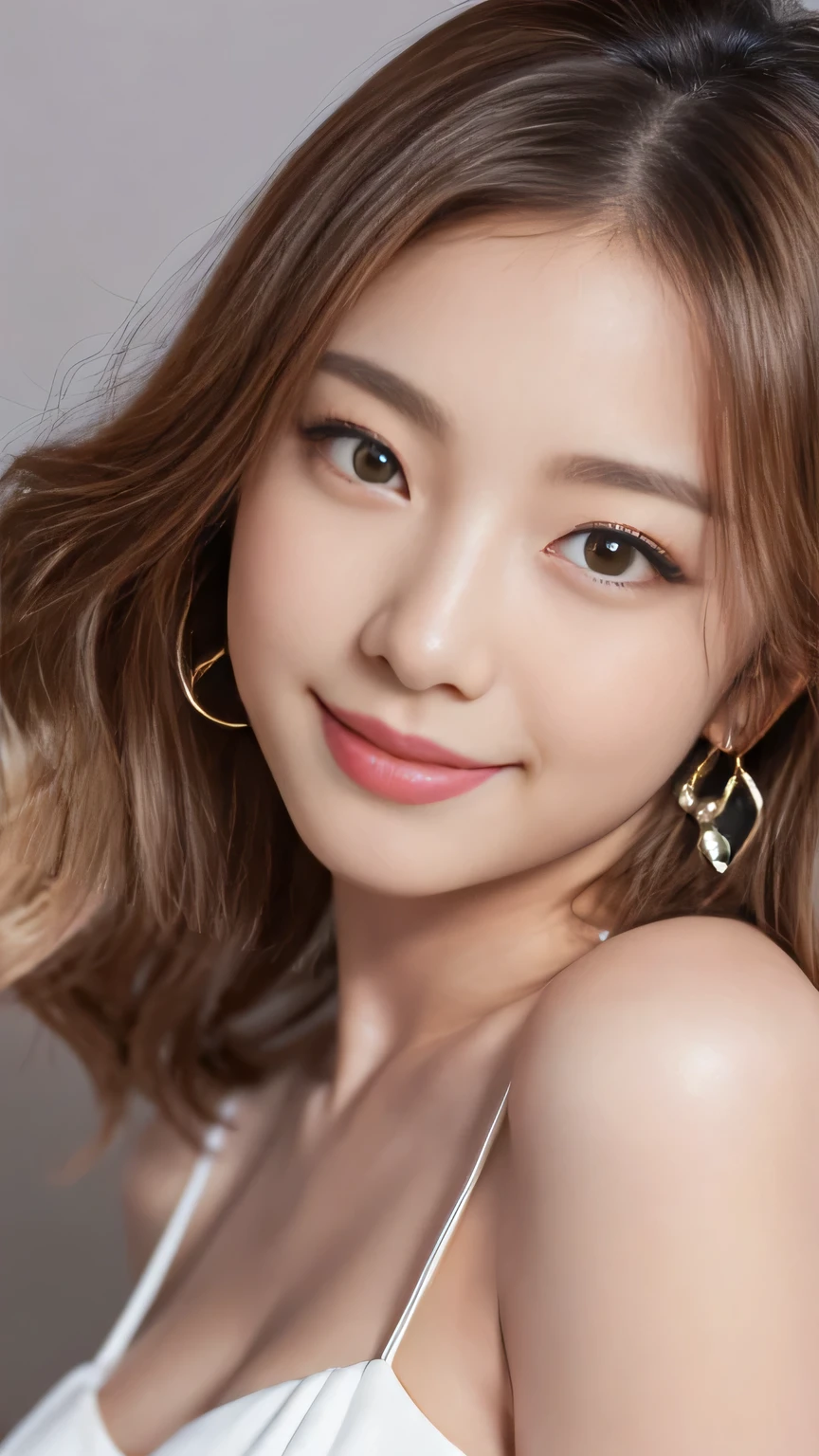 (Highest quality, Flying debris, Realistic photos, Very detailed, Ultra-high resolution, to be born:1.3), (1 female, Beautiful Japanese actresses, 2), (A shy smile), Detailed face,Flashy makeup using red eyeshadow,Large ring earrings,Light blonde delicate medium cut hair,The tips of the hair are wavy,Elegant hairstyle,Beautiful Eyes, Slender actress,Small breasts, (mini skirt dress), ( From beh de d), A glimpse of white panties,