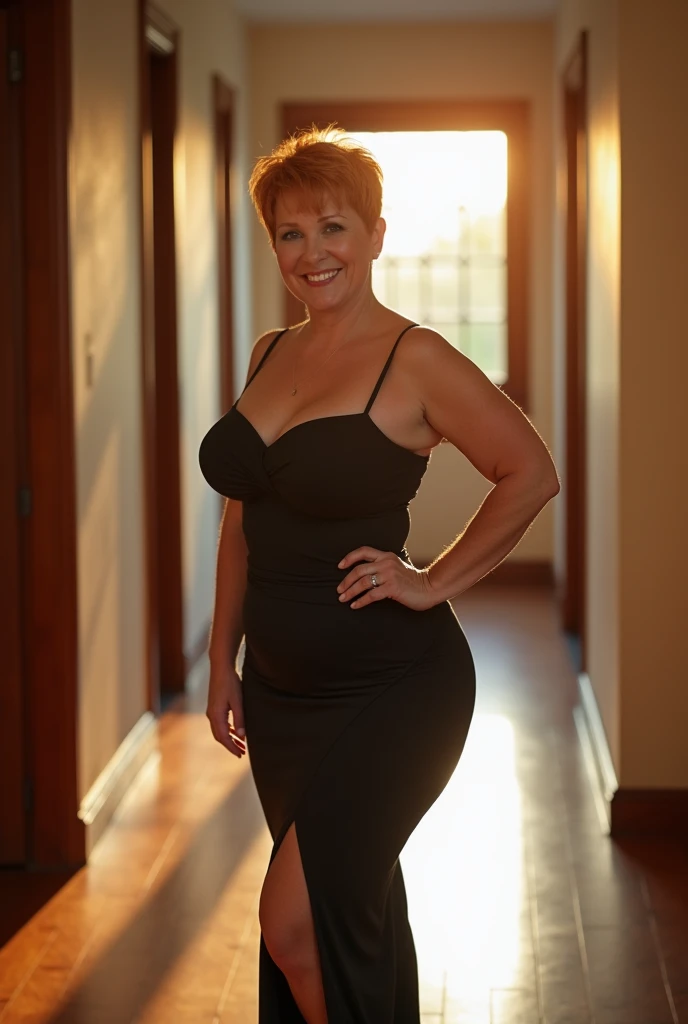 professional full body shot of a beautiful middle aged woman, she is tall and heavyset woth very large perky breasts, she has ginger hair that is styled in a very short pixie cut hairstyle, she is in a wood floored hallway, walking towards the camera. She is wearing a form fitting, high slit dress that shows off her curv, sunshine comes inside from single square window to her side, she smiling to the viewer, slightly tilted head, pastel bokeh effect, depth of field, subsurface light scattering, backlighting, dark ambient. Erect and perky nipples