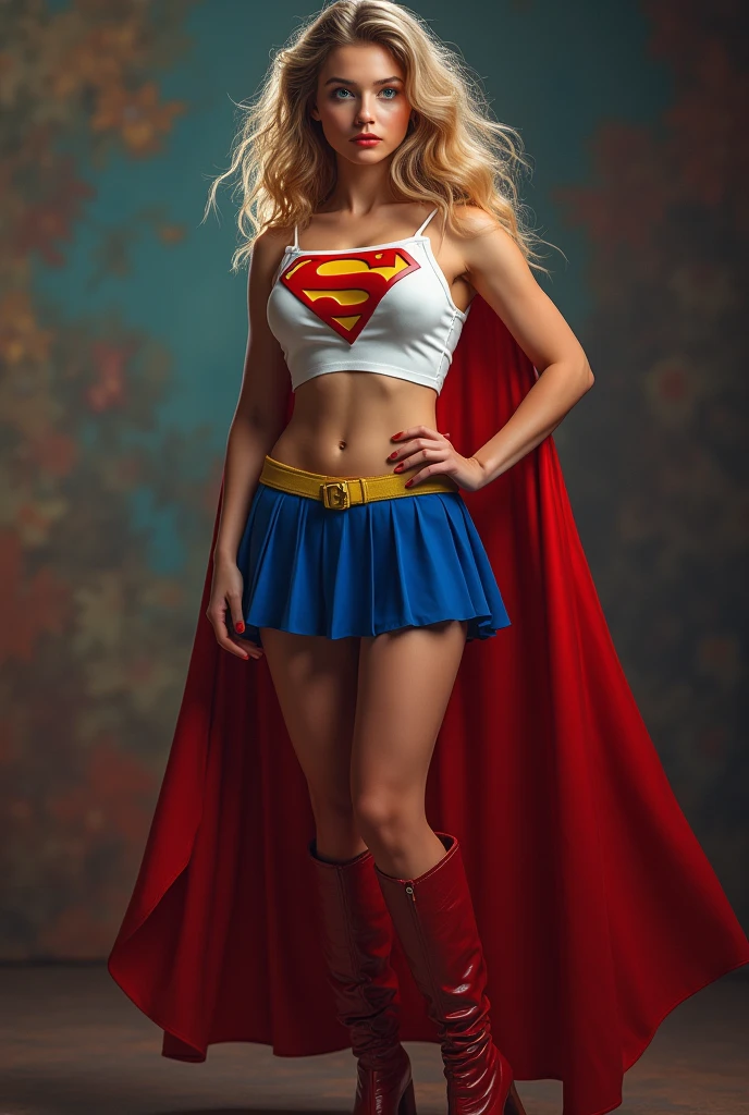 full view of A SEXY AGE FEMALE WITH DARK BLUE EYES AND MEDIUM MESSY GOLDEN BLONDE HAIR WEARING A CLASSIC WHITE SUPERGIRL LONG SLEEVED CROP TOP COSTUME, A SHORT BLUE PLEATED SKIRT WITH A YELLOW SUPERGIRL BELT, RED HIGH HEELED SUPERGIRL BOOTS, AND SHORT RED SUPERGIRL CAPE WITH YELLOW TRIM. large bimbo milf breasts, incredibly detailed skin and eyes, seductive poses, 8K resolution, masterpiece, ultra-detailed, realistic, photo-realistic, vivid colors, dramatic lighting,