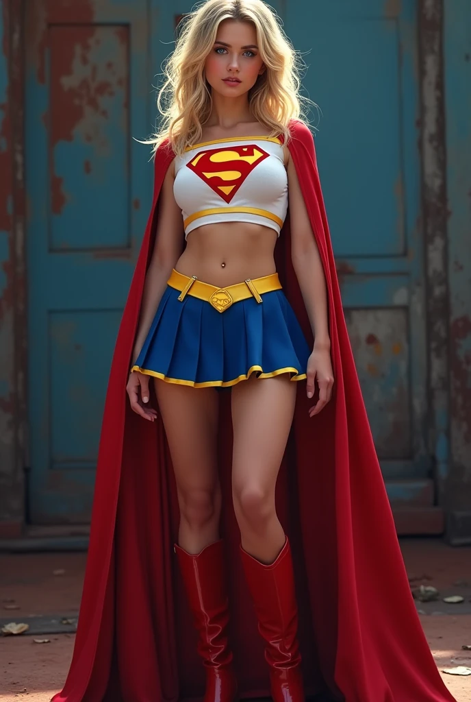 full view of A SEXY TEENAGE FEMALE WITH DARK BLUE EYES AND MEDIUM MESSY GOLDEN BLONDE HAIR WEARING A CLASSIC WHITE SUPERGIRL LONG SLEEVED CROP TOP COSTUME, A SHORT BLUE PLEATED SKIRT WITH A YELLOW SUPERGIRL BELT, RED HIGH HEELED SUPERGIRL BOOTS, AND SHORT RED SUPERGIRL CAPE WITH YELLOW TRIM. large bimbo milf breasts, incredibly detailed skin and eyes, seductive poses, 8K resolution, masterpiece, ultra-detailed, realistic, photo-realistic, vivid colors, dramatic lighting,
