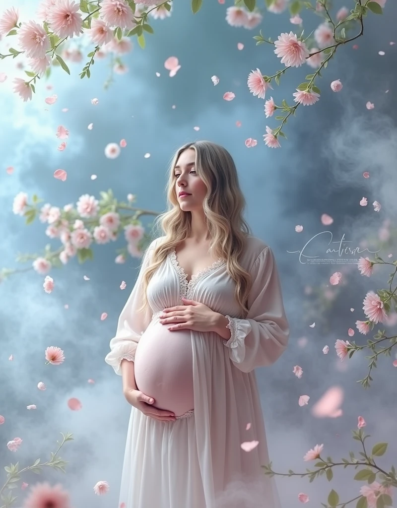 pregnant woman , flower background smoke 