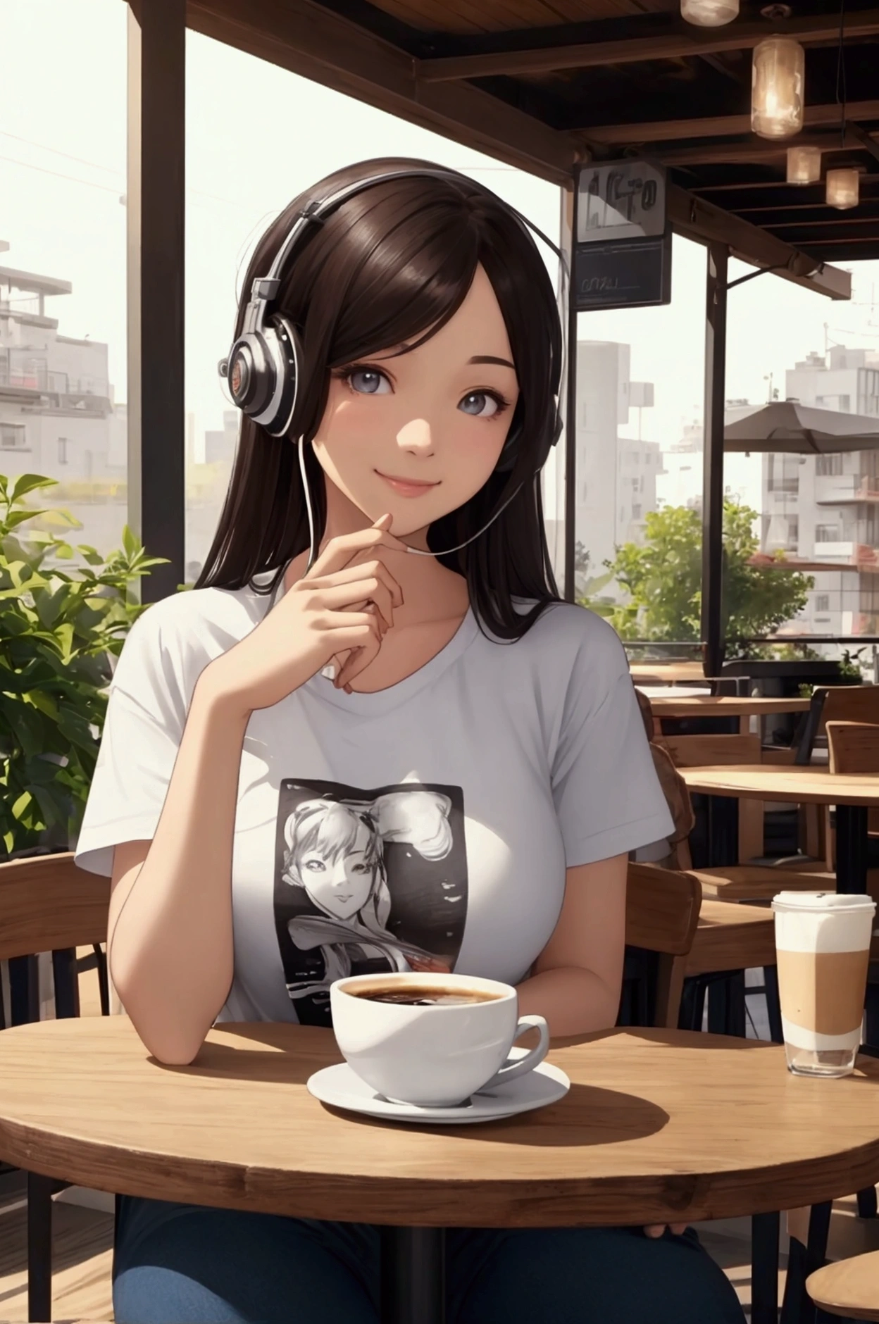 (Highest quality ),(masterpiece),(Super detailed), Ultra-high resolution, (Ultra-fine illustrations),Casual breakfast style, Jeans and T-shirt.
Smiling while holding a coffee cup and reading a newspaper at a cafe table.
A pose that expresses a calm morning atmosphere and cafe culture. , (Concept Art:Karn Griffiths ) ,Amazingly noble, Amazingly beautiful ,Absurd,3D Rendering, Octane Rendering, Approaching perfection , Very fine clothing ,Exquisitely crafted ,8 Life-size  ,Thick body ,Perfect Anatomy ,Well-groomed face ,Highly detailed beautiful hair , Highly detailed hairstyles, Symmetrical and balanced, Beautiful gradation , Sharp focus, 4K resolution, aspect ratio, Centered Images, Beautiful composition, Symmetrical and balanced,Beautiful girl wearing headphones、Japanese anime style