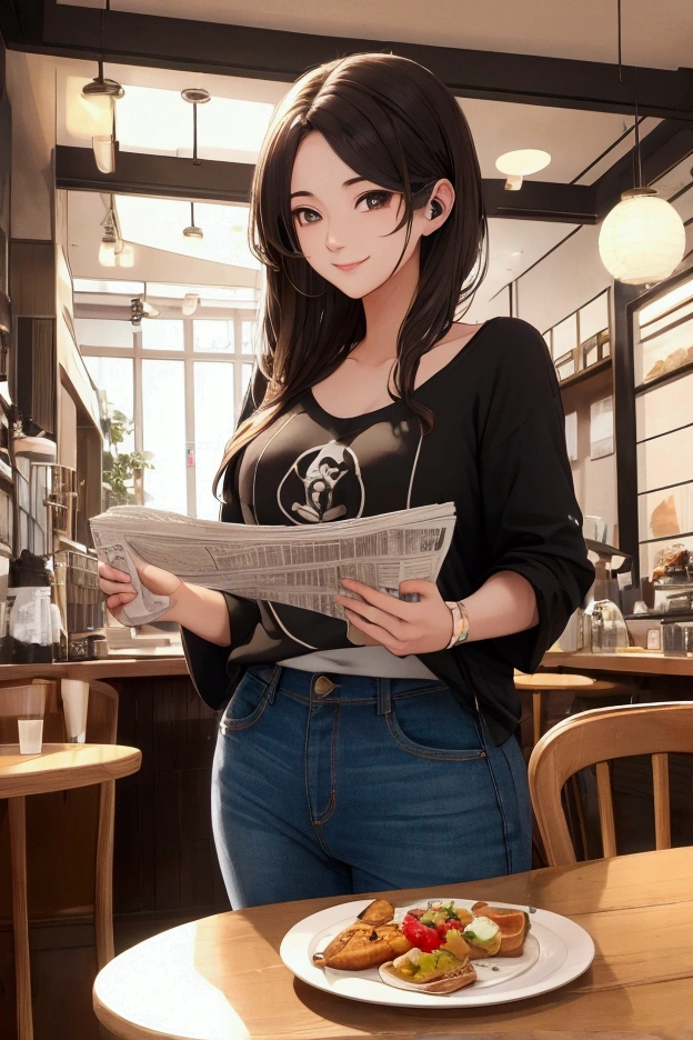 (Highest quality ),(masterpiece),(Super detailed), Ultra-high resolution, (Ultra-fine illustrations),Casual breakfast style, Jeans and T-shirt.
Smiling while holding a coffee cup and reading a newspaper at a cafe table.
A pose that expresses a calm morning atmosphere and cafe culture. , (Concept Art:Karn Griffiths ) ,Amazingly noble, Amazingly beautiful ,Absurd,3D Rendering, Octane Rendering, Approaching perfection , Very fine clothing ,Exquisitely crafted ,8 Life-size  ,Thick body ,Perfect Anatomy ,Well-groomed face ,Highly detailed beautiful hair , Highly detailed hairstyles, Symmetrical and balanced, Beautiful gradation , Sharp focus, 4K resolution, aspect ratio, Centered Images, Beautiful composition, Symmetrical and balanced,Beautiful girl wearing headphones、Japanese anime style