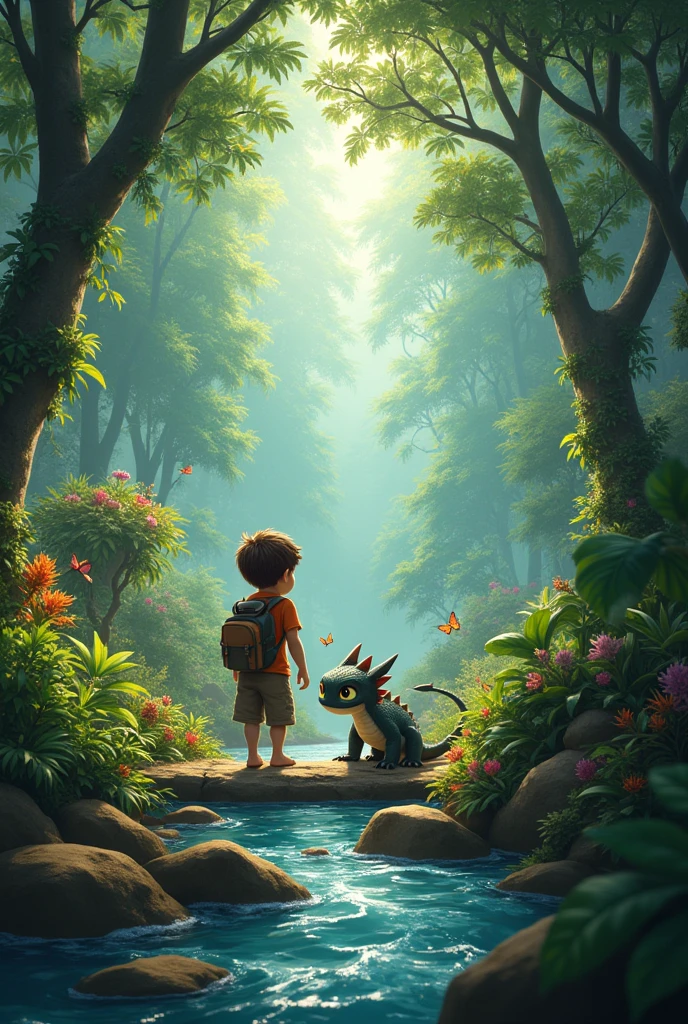 Prompt: "The boy and the baby dragon walk together through the jungle. They face challenges like crossing a flowing river with large rocks, avoiding curious wild animals, and pushing through dense vines and trees. The jungle is vibrant and full of life with exotic plants and animals, creating an adventurous atmosphere."