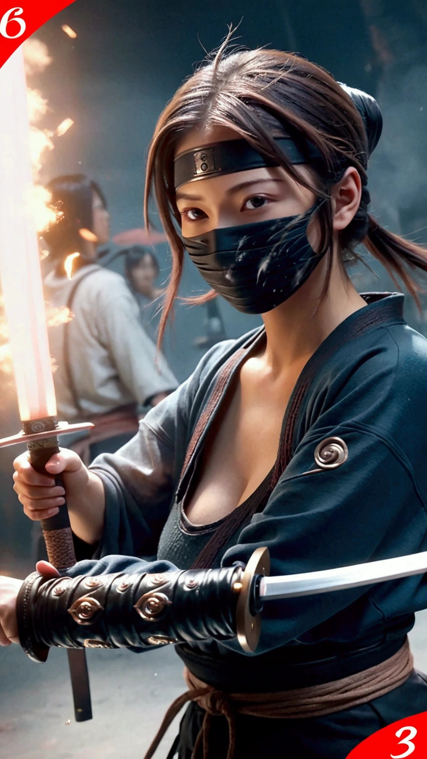 (Japanese sword &reference;Muramasa 2&reference;.2)Beautiful 27 year old woman、Japanese women、Tie your hair back、Hair ornament artist、Shinobi Costume、Warrior、Clear Eyes、{Arm tattoo(SakuraFubuki}&#39;Back Tattoo、Warrior、(Japanese swordを両手で構える、1.3)(Japanese sword1.2)Intermediate position、In front of the body、(Holding a sword horizontally 1.3)、whole body、Long Blade Sword、Realistic battle scenes、敵Warriorの返りBlood、Blood、High resolution、Highest quality、Very detailed、8k、background、The castle is burning、Sparks fly、