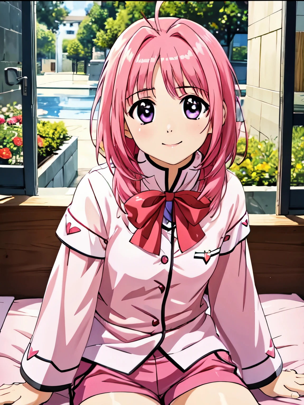 Highest quality,Otome、Shooting from the front、indoor、High resolution、sitting、Bedroom、Bed、Small breasts、Caro Ru Lushe,High resolution、Standing、garden、squirt、 綺麗な魅力的なPink Hair、Pink Hair、Beautiful and attractive dark purple eyes、smile、Closed Mouth、smile、Pink camisole、Pink shorts、Cute pajamas、Frilly pajamas、White and pink gothic clothing、1 person、Beautiful Eyes, Sharp pupils, Sharp focus, (Very detailed, bloom, Shine)、(Genuine、Realistic、Realistic:1.3)、High resolution、超High resolution、Ultra-fine painting