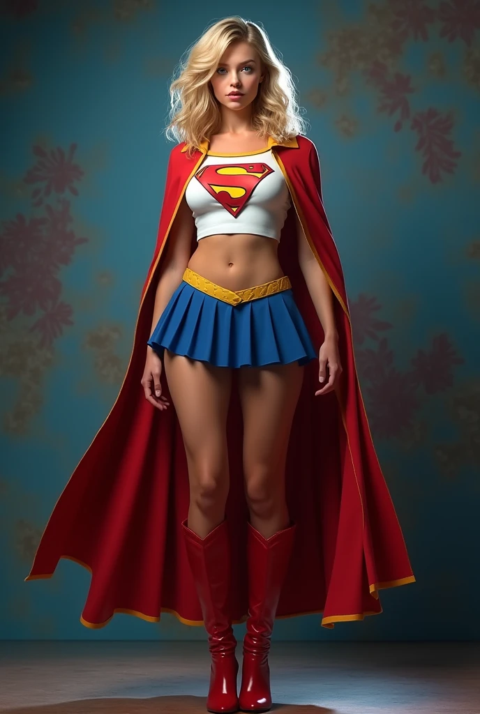 full view of A SEXY AGE FEMALE WITH DARK BLUE EYES AND MEDIUM MESSY GOLDEN BLONDE HAIR WEARING A CLASSIC WHITE SUPERGIRL LONG SLEEVED CROP TOP COSTUME, A SHORT BLUE PLEATED SKIRT WITH A YELLOW SUPERGIRL BELT, RED HIGH HEELED SUPERGIRL BOOTS, AND SHORT RED SUPERGIRL CAPE WITH YELLOW TRIM. large bimbo milf breasts, incredibly detailed skin and eyes, seductive poses, 8K resolution, masterpiece, ultra-detailed, realistic, photo-realistic, vivid colors, dramatic lighting,
